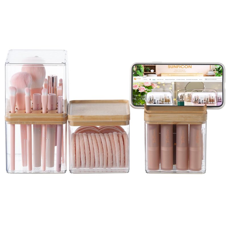 Makeup Brush Holder Comb with Cover Makeup Containers Organizers Set Makeup Holder Box Cosmetic Case With Lid Waterproof Dustproof Beauty Skincare Organizer Bathroom Vanity Countertop,Gift,Clear,3PCS