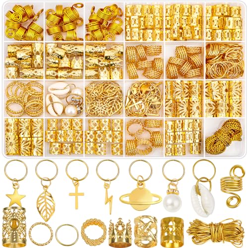 Lucomb 259 Pcs Hair Jewelry for Braids, Loc Jewelry for Hair Dreadlock, Charm Accessories for Women, Metal Gold Braids Rings Cuffs Clips for Dreadlock Accessories Clips Rings Extensions Decorations