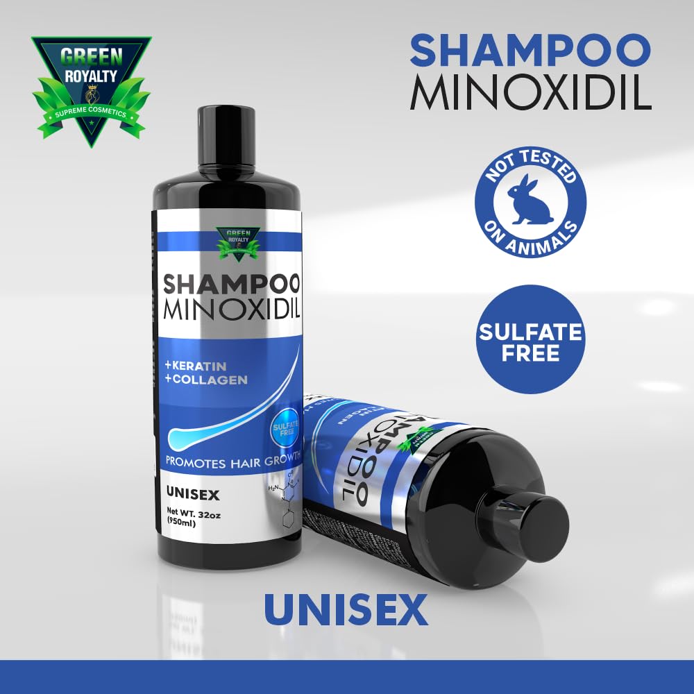 GREEN ROYALTY Minoxidil Shampoo – Sulfate-Free with Keratin & Collagen – Deep Cleansing & Nourishing Formula for Fuller, Thicker-Looking Hair – Unisex – 32oz (950ml)