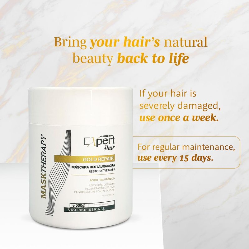 Expert Hair Gold Restorative Hyaluronic Acid Mask - Repair Damaged Hair, Combat Dryness & Frizz | 500g/17.6 Fl Oz