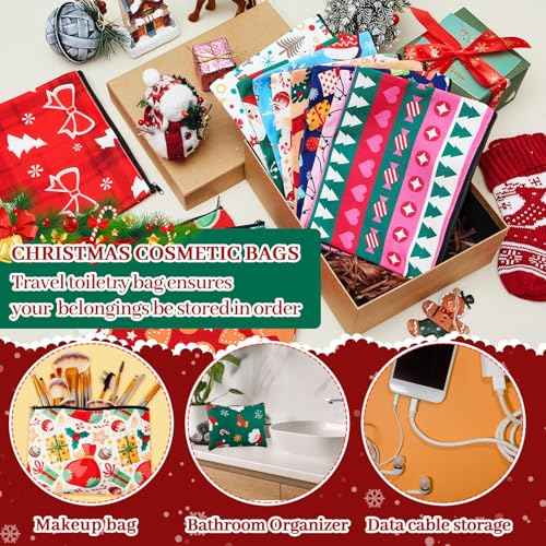 Kacctyen 24 Pcs Christmas Cosmetic Bags and Keychains for Women Makeup Bags with Zipper Santa Snowman Bells Candy Cane Keychain Toiletry Organizer for Christmas Party Favor Xmas Gifts