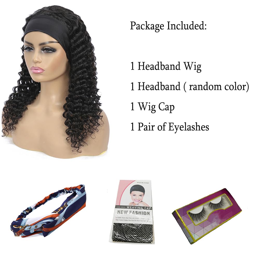 WENYAN Deep Wave Headband Wig Human Hair 12 Inch Curly Glueless Wigs #1B