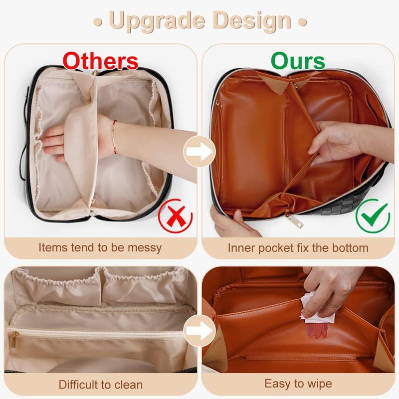 Checkered Travel Makeup Bags | Large Capacity Waterproof Cosmetic Organizer Set - PU Leather with Handle & Divider (Brown)