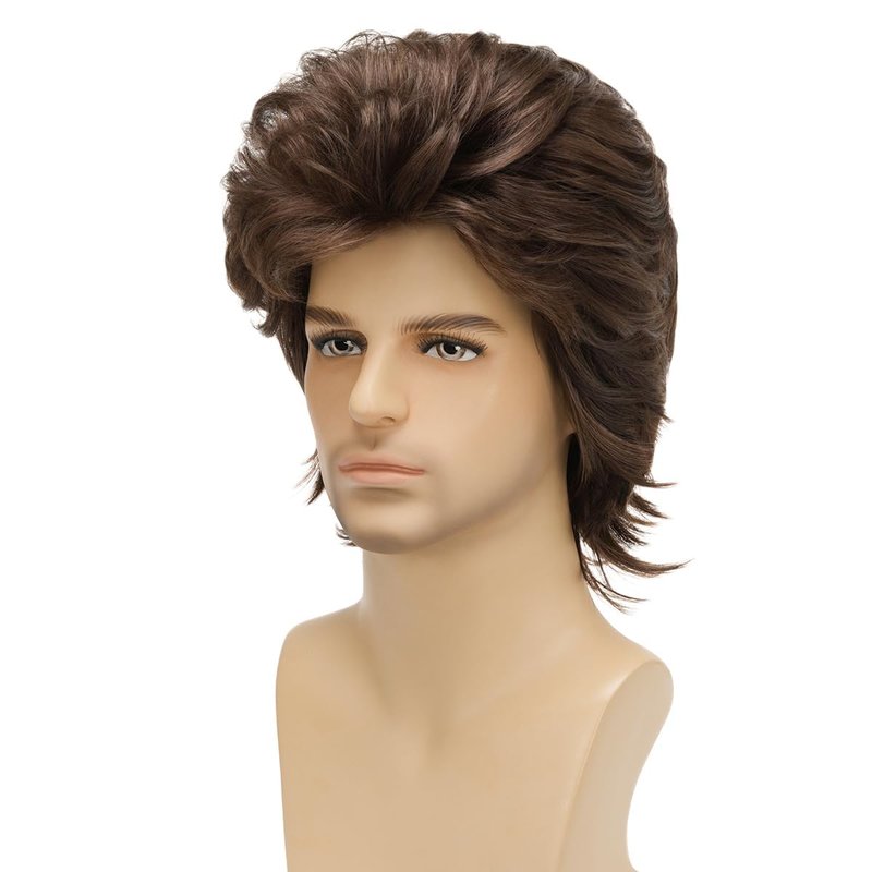 Sabosi Men 80s Wig Short Brown Mullet Wigs,Disco Rocker Punk Synthetic Hair for Daily Cosplay Halloween Wigs