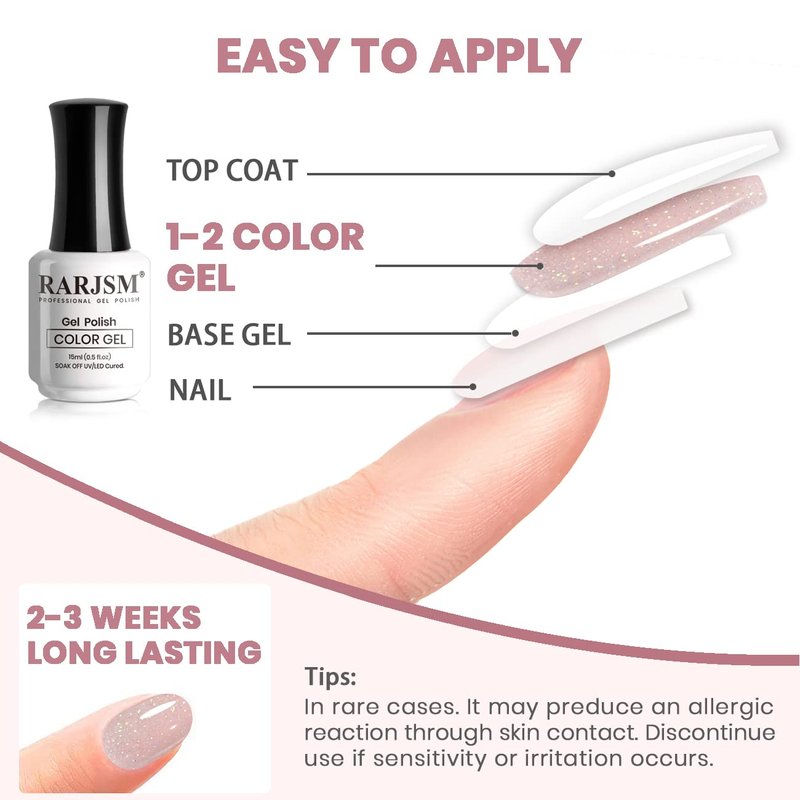 RARJSM Nude Pink Gel Polish Rainbow Glitter Iridescent Shimmer Pigment Jelly Neutral Color Skin Tone 15ml Sparkle Pink Natural Soak off UV LED Cured for Home Salon DIY Nail Art