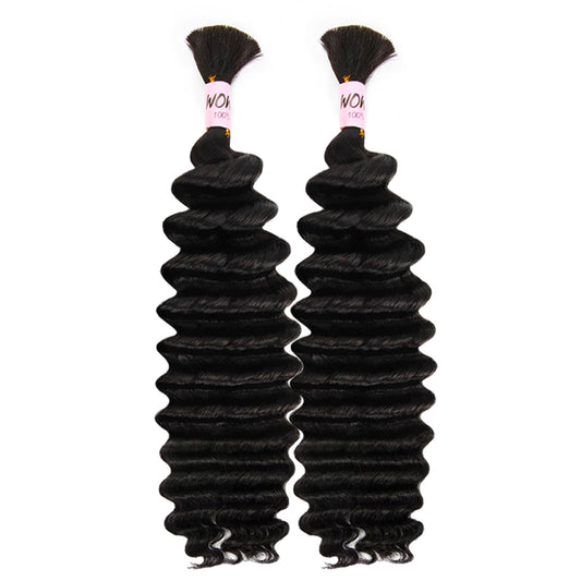 WOWANGEL Human Braiding Hair For Boho Braids 100g,100% Unprocessed Brazilian Virgin Hair, 12A Deep Wave Knotless Bohemian Bundles, Curly Hair Extensions,2 Bundles,Natural Black(1B),16 Inch
