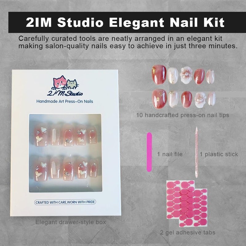 2IM Studio Handmade Press On Nails – 10 Piece Soft Gel Nail Kit with Glue & Tool Set, Reusable Artisan Nails, Salon-Quality Finish (Ruby Bloom-S)