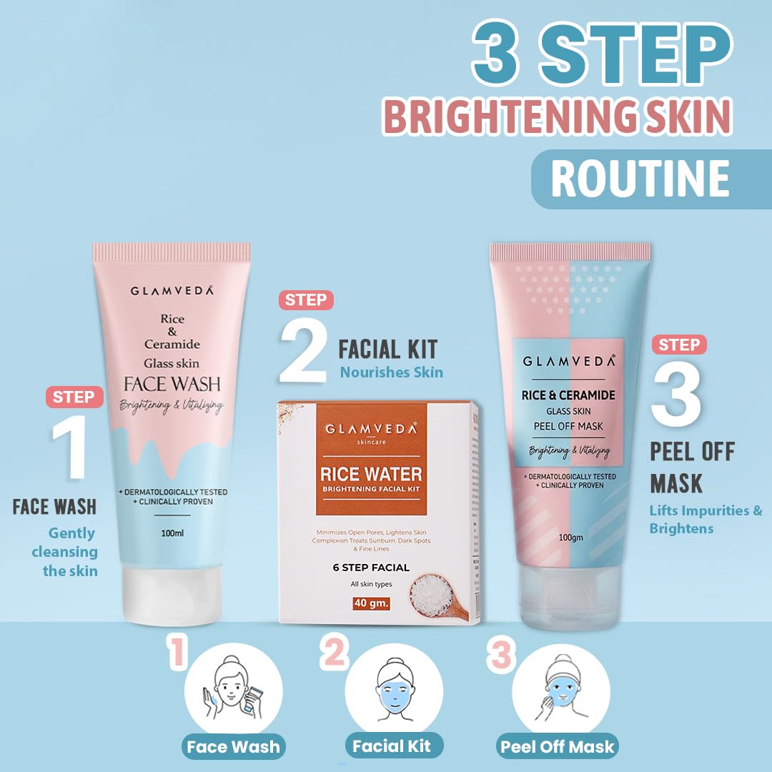 Glamveda Korean Rice & Ceramide 3 Step Skincare Routine| Face Wash, Facial Kit & Peel Off Mask | Skin Brightening & Anti Dullness | For Men and Women