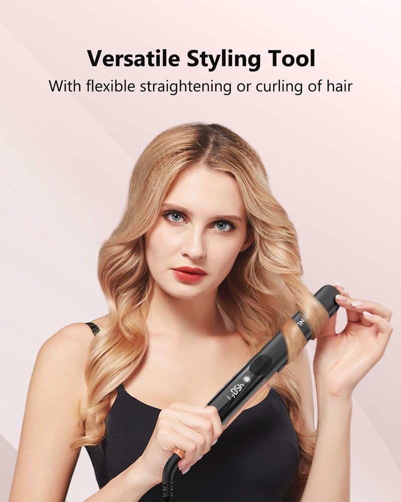 Annlary Hair Straightener 1 Inch Flat Iron and Curler 2 in 1 Titanium Ceramic Ionic Dual Voltage Straightener with Heat-Resistant Silicone, for Less Frizz, Shinier & Smoother
