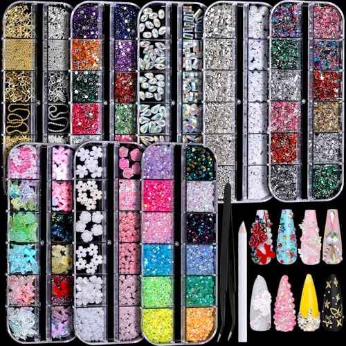 FANDAMEI Nail Charms, Nail Rhinestones Kit with 8 Boxes of Nail Gems, 3D Charms for Nails, Colorful Clear Flatback Rhinestones, Multi Shape Pearls Jewels Crystals for Craft