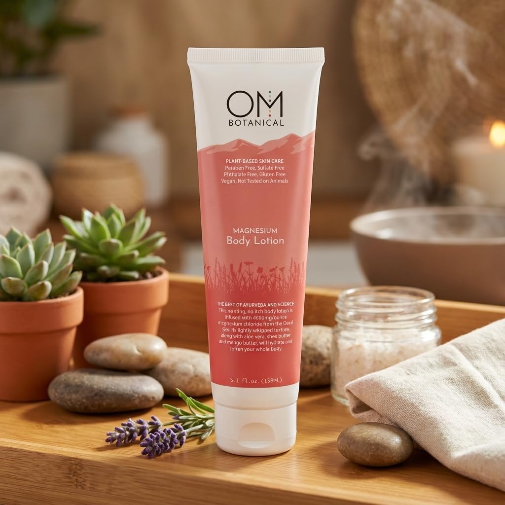 OM Botanical Magnesium Body Lotion | No Sting, No Itch | Ultra-Hydrating Organic Body Butter & Magnesium Cream for Hands, Feet & Body | Fast-Absorbing, All-Natural Relief in a 150ml Eco-Friendly Tube