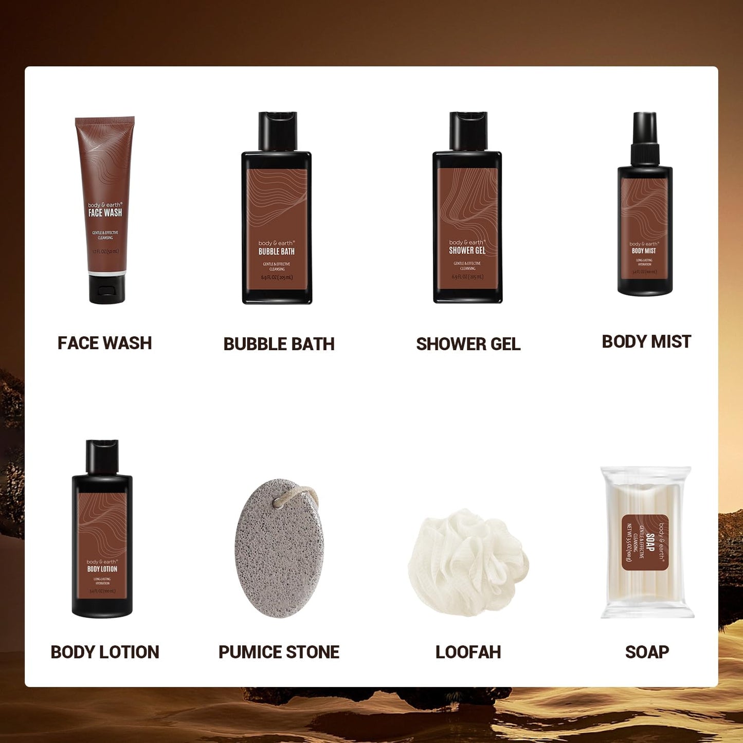 BODY & EARTH，Father’s Day Gifts, Birthday for Men，8-Piece Gift Basket, Man Anniversary Gifts. Travel Size Toiletries with Sandalwood, Includes Body Wash，Body Lotion，Travel Bag
