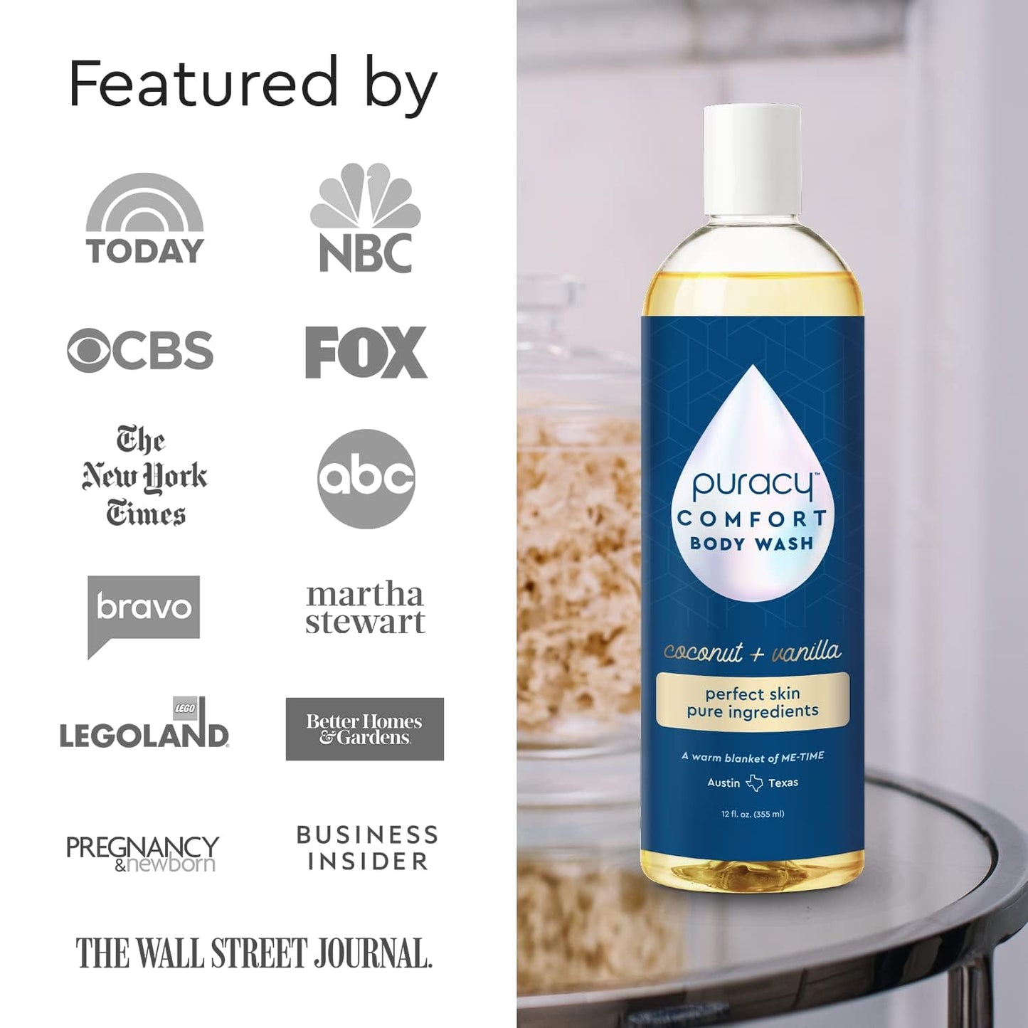 Puracy Body Wash - Natural Body Wash for Women, Men, Kids - Pure Plant Ingredients, Moisturizing Shower Gel, Body Soap for Dry Sensitive Skin, Gently Scented (Coconut Vanilla, 12 oz/355 ml)