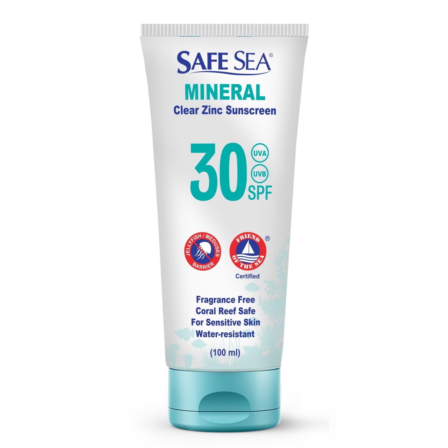 Safe Sea Zinc Oxide Sunscreen SPF30 | Clear Mineral Face Sunscreen Without White Cast | Anti-Jellyfish Sting Protective Lotion | 3.4Oz (100ml)