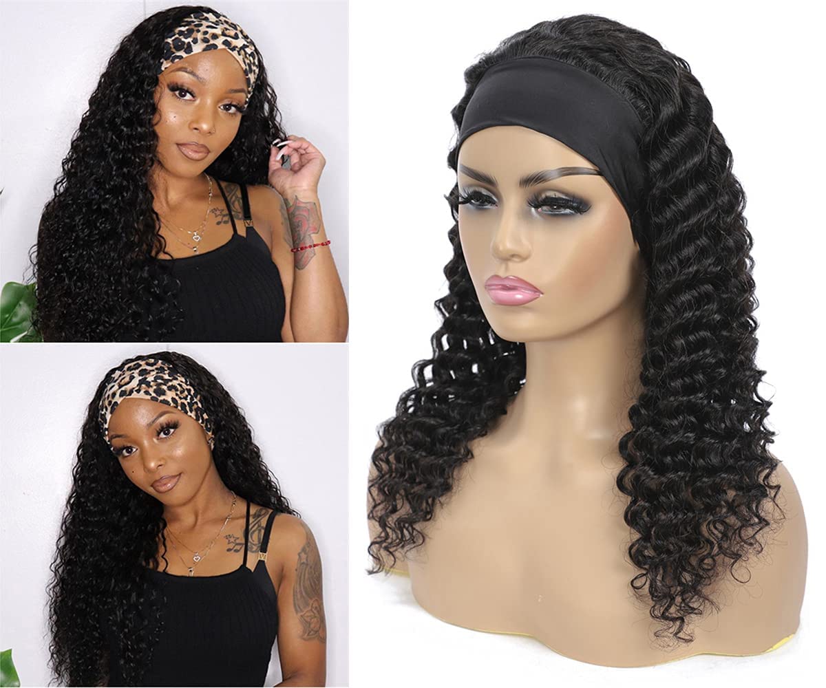 WENYAN Deep Wave Headband Wig Human Hair 12 Inch Curly Glueless Wigs #1B