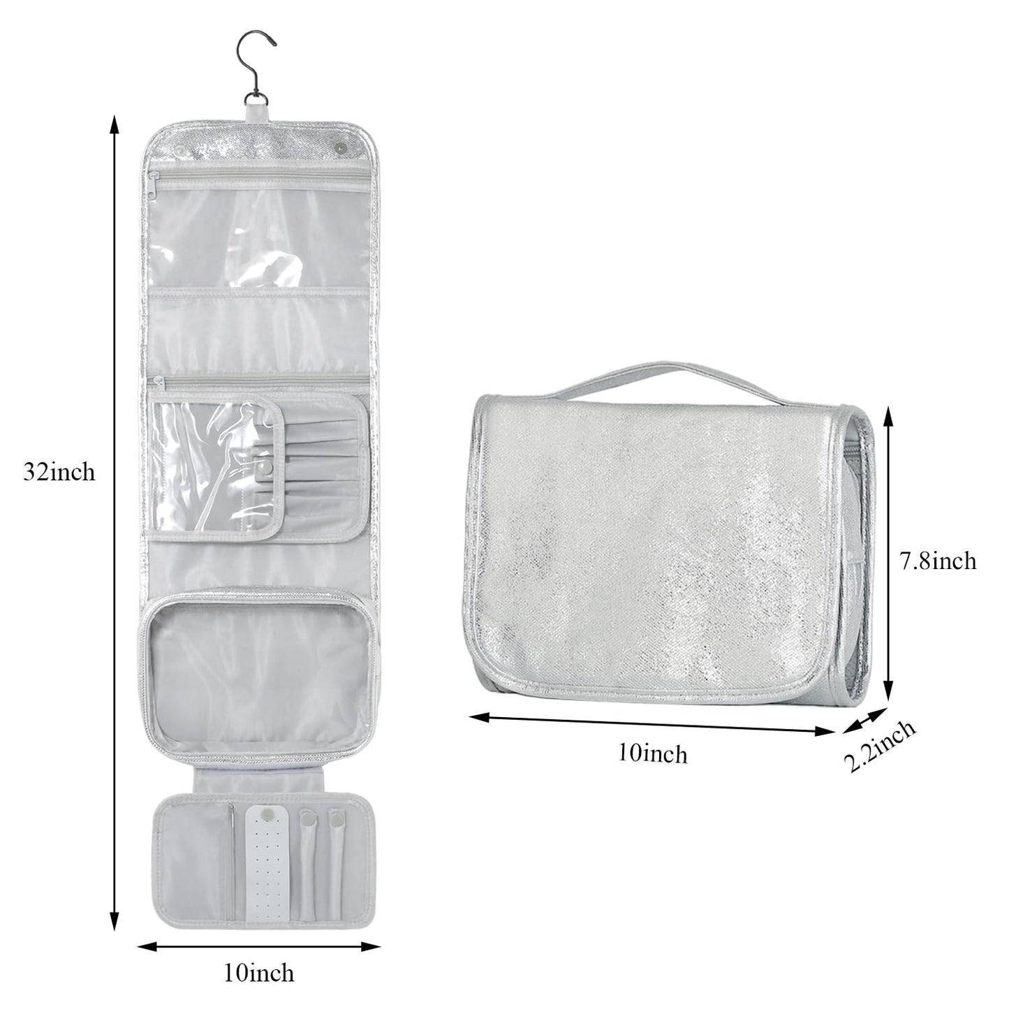 Charmix Travel Toiletry Bag for Women,Hanging Travel Toiletry Bag with Jewelry Organizer Compartment,Makeup Bag, Waterproof and Dirt Resistant, Travel Essentials,Bright Silver