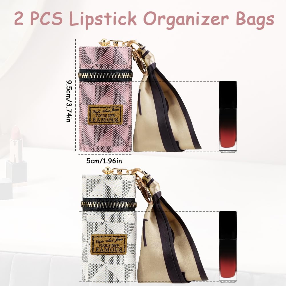 Jaxbo 2 PCS Lipstick Organizer, Leather Lip Gloss Bag with Keychain, Portable Mini Lipstick Case for Lip Gloss, Purse,Mini Perfume
