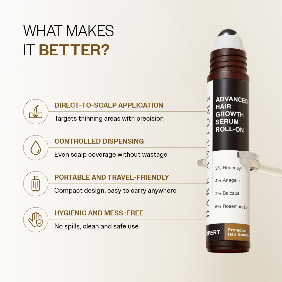 Bare Anatomy Advanced Hair Growth Serum Roll-On| 3% Redensyl + 4% Anagain + 2% Baicapil + 5% Rosemary, Rice Water, Biotin & Saw Palmetto| Reduces Hair Fall, Supports Hair Growth for Men & Women | 25ml