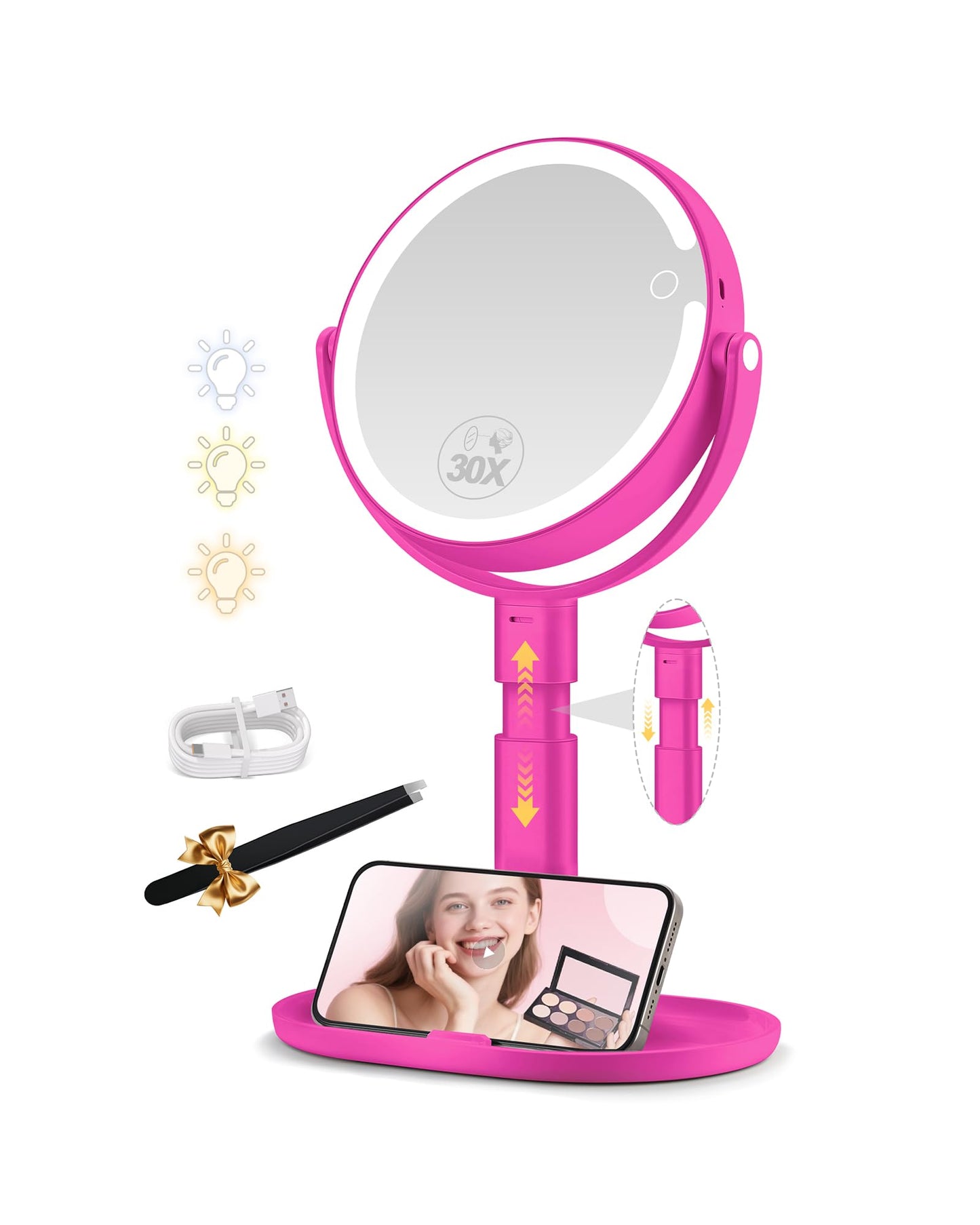 MOMOKUBA Makeup Mirror with Lights, 30X Magnifying & Height Adjustable, Lighted Magnifying Mirror with 3 Light Modes and Stepless Dimming, Vanity Mirrors for Bathroom, Birthday Gift for Women, Hotpink