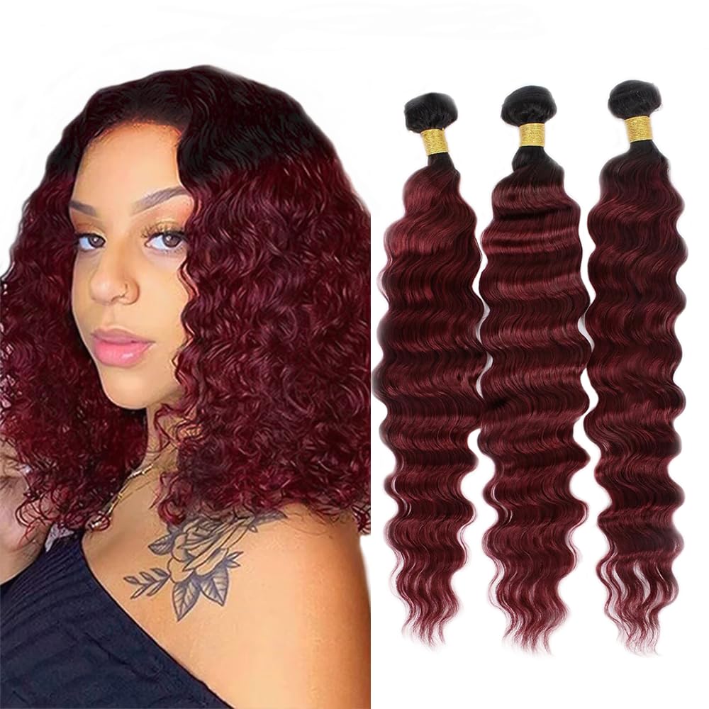 Burgundy Bundles Human Hair Ombre Deep Wave Human Hair Bundles 1B99J Red Bundle 12 14 16 Inch Burgundy Loose Deep Wave Bundle Unprocessed Brazilian Hair Extensions 300G