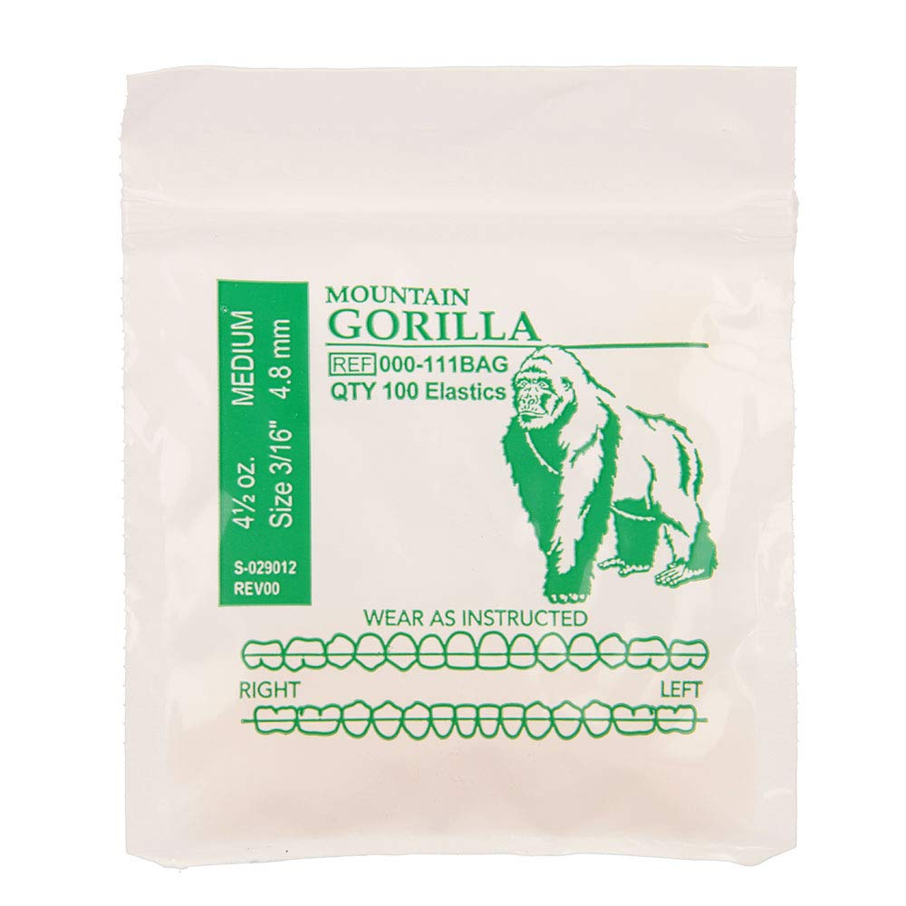 American Orthodontics Elastics Wildlife Gorilla | Medium, 4.5 Oz, 3/16" Size, 100 Packs Per Box, 10,000 Total | Made in The USA | Exacting Dimensions, Precision Cutting, Top Quality Latex Tubing