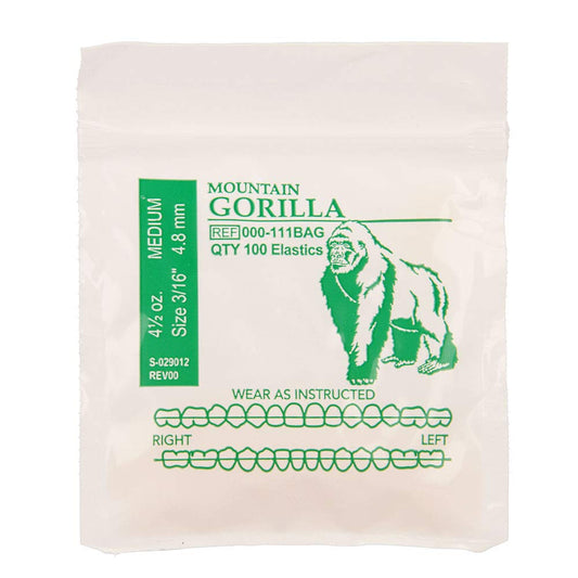 American Orthodontics Elastics Wildlife Gorilla | Medium, 4.5 Oz, 3/16" Size, 100 Packs Per Box, 10,000 Total | Made in The USA | Exacting Dimensions, Precision Cutting, Top Quality Latex Tubing