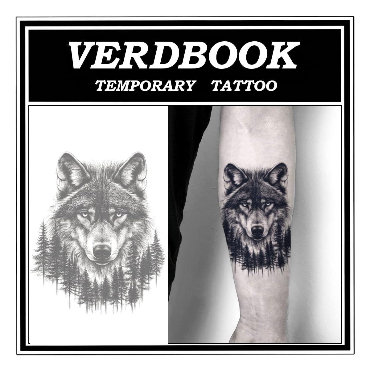 VERDBOOK Waterproof Temporary Tattoos: 2-Sheet Tattoo Kit with Realistic Body Stickers, Semi-Permanent Tattoos for Adults Lasting 7-15 Days – Safe for Men & Women, Jungle Wolf