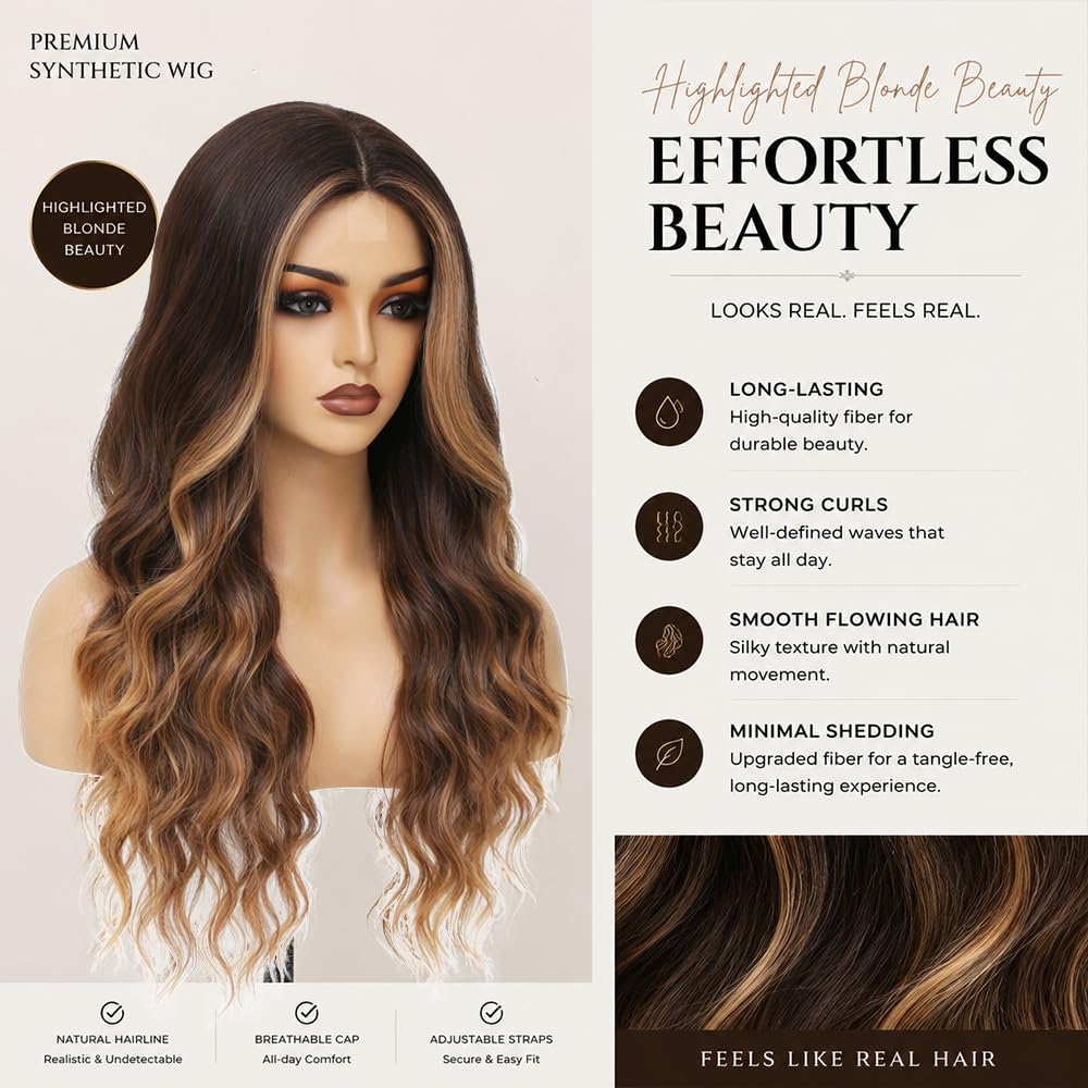 Brown Highlights Blonde Wig for Women 26 Inch Long Wavy Curly Hair