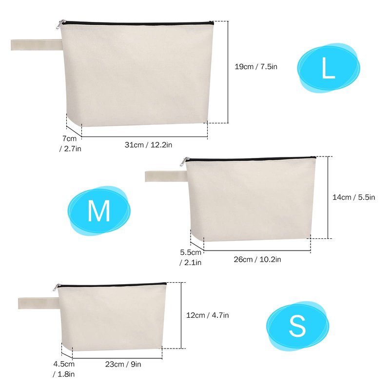 Sinzip 10 Pieces Cotton Canvas Makeup Bag with Bottom, Multi-Purpose Cosmetic Bag with Zipper Travel Toiletry Pouch, Blank DIY Craft Bag Pencil Bag (L, White) (MN-WB07)
