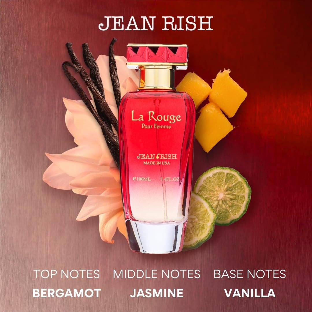 Jean Rish La Rouge Perfume for Women Eau De Parfum, Long-Lasting Luxury Fragrance, Made In USA - Bergamot, Jasmine, Cedar, Vanilla, Sandalwood Scent - 100ml / 3.4 oz