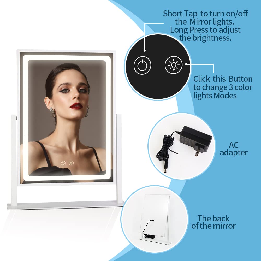 BRIGHTINWD Vanity Mirror with Lights - 13.78"× 10.23" Adjustable Lighted Makeup Mirror for Desk, Detachable 10X Magnification Mirror, Touch Sensor, Desk Mirror for Bedroom & Dressing Room (White)
