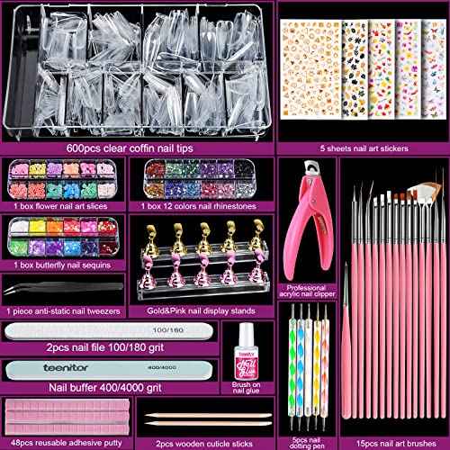 Teenitor Acrylic Fake Nails Kit, Press On Nail Supplies with Clear Coffin Nail Tips Nail Stand Nail Art Brushes Dotting Pen Glitter Sequins Sticker Rhinestones Nail Decorations Press On Nails Kit