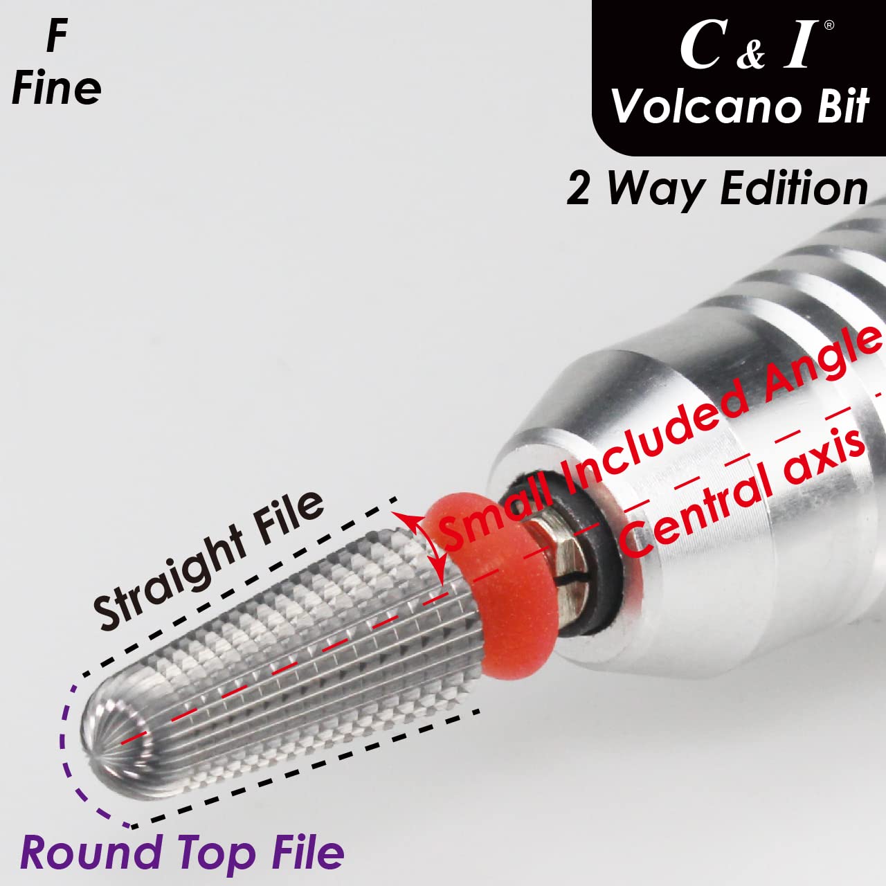 C & I Nail Drill, Volcano Bit, 2 Way Edition Efile for Nail Techs to Remove Nail Gels Acrylic Nails and Dipping, Double Hand Use Drill Bit for Electric Manicure Drill Machine (Fine -F)