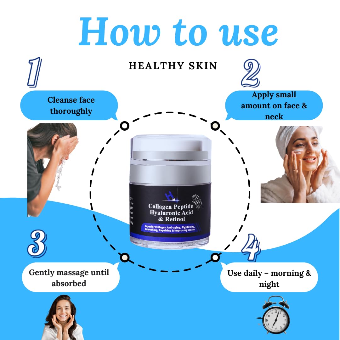 HM Collagen Peptide Cream with Hyaluronic Acid, Retinol & Vitamin E | Anti-Wrinkle & Hydrating Face Moisturizer | Firms & Smooths for a Youthful Glow