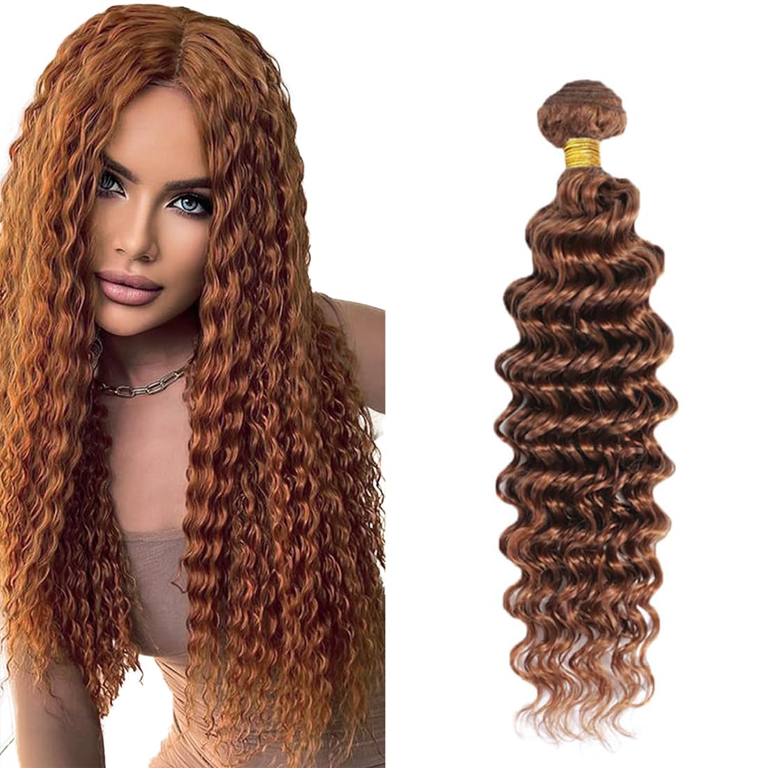 AuokMar 26 Inch Brown Deep Wave Human Hair Bundles Color #30 Bundles Human Hair Brazilian Virgin Hair 1 Bundle Color #30 Deep Wave Bundles Remy Hair Extensions Brown Curly Bundles