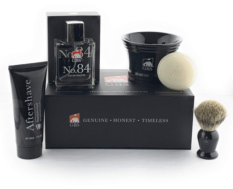G.B.S GENTS Premium Men's Shaving Kit - 5PC Complete Set with Shave Brush, Sandalwood Aftershave, No.84 Cologne & Ceramic Bowl - Gift Set for Men