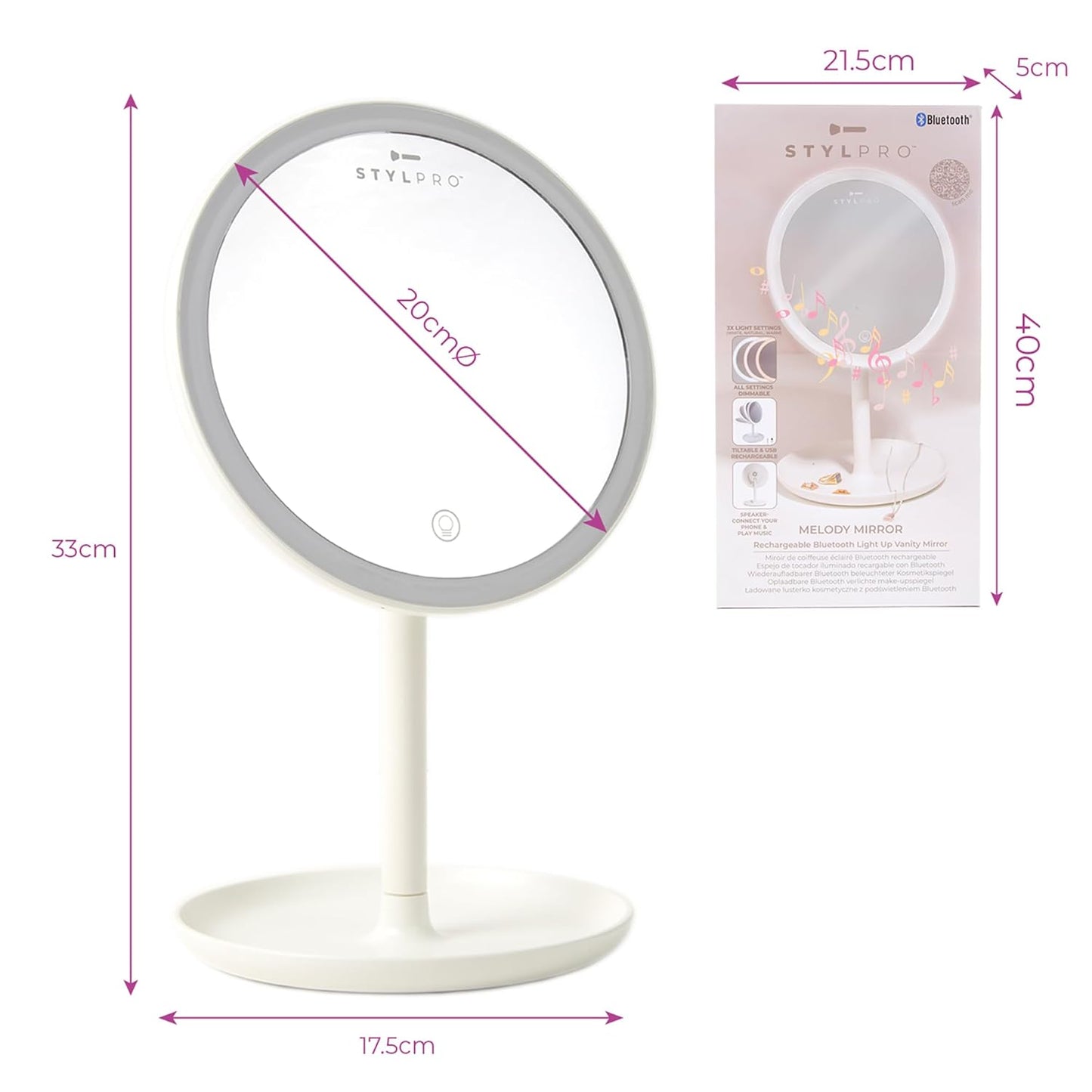 StylPro Melody Portable Bluetooth Makeup Mirror - Dimmable Touch LED Lighting | Travel-Friendly Design