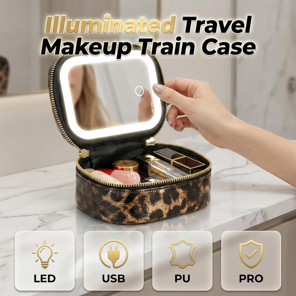 FANSUIT Mini Makeup Bag with Led Mirror, Small Travel Make up Bag 3 Light Modes Adjustable Brightness, Rechargeable Portable Makeup Pouch with Handle, for Pool Parties Work Touch-Ups (Black)
