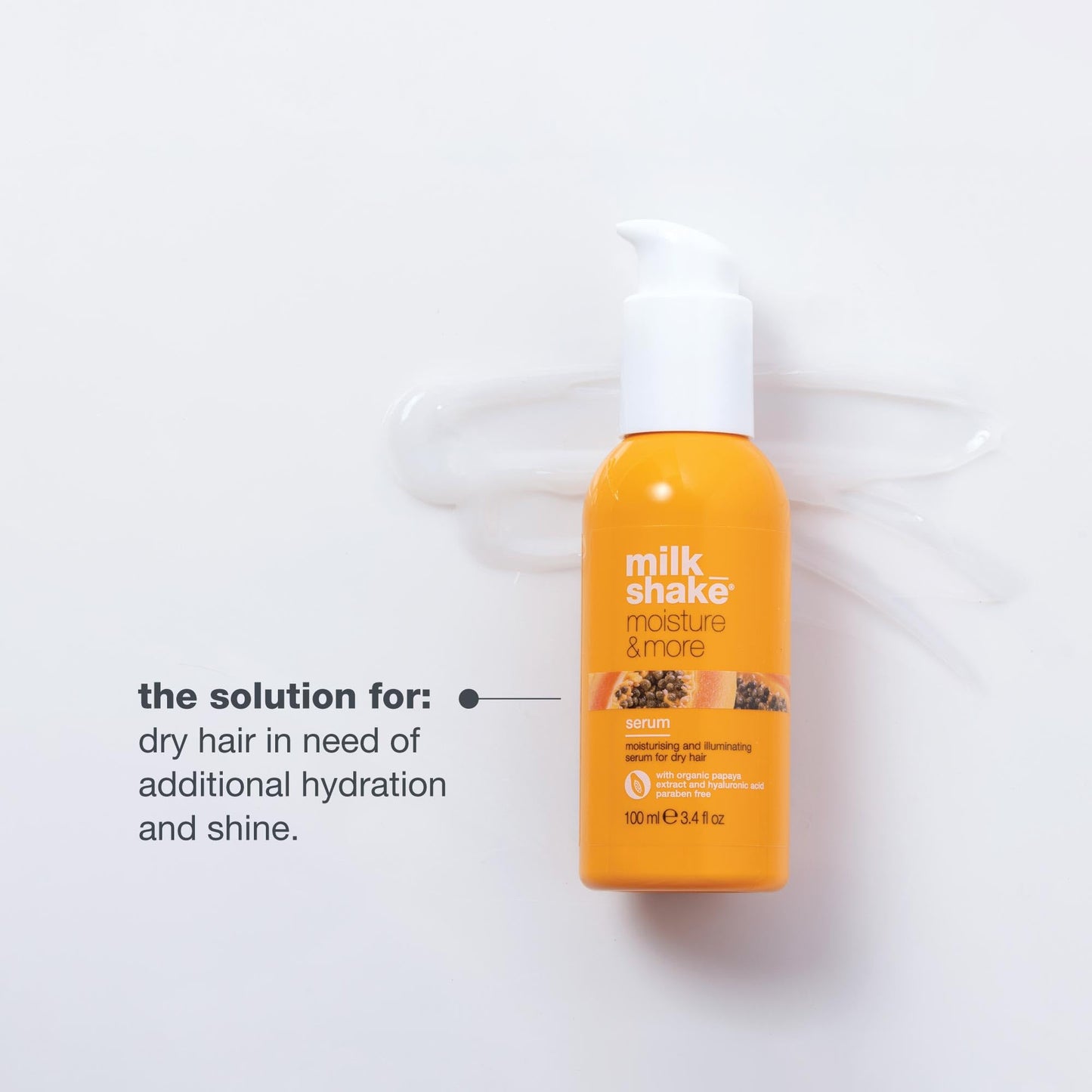 milk_shake moisture & more serum | hydrating leave-in treatment for dry hair | with milk proteins, fruit extracts & hyaluronic acid to smooth and add shine | 3.4 fl oz