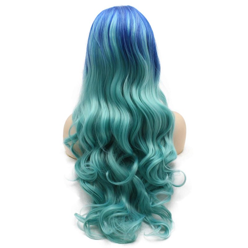 MX angel Long Wavy Blue Synthetic Lace Front Two Tone Ombre Wavy Heat Resistant Wig