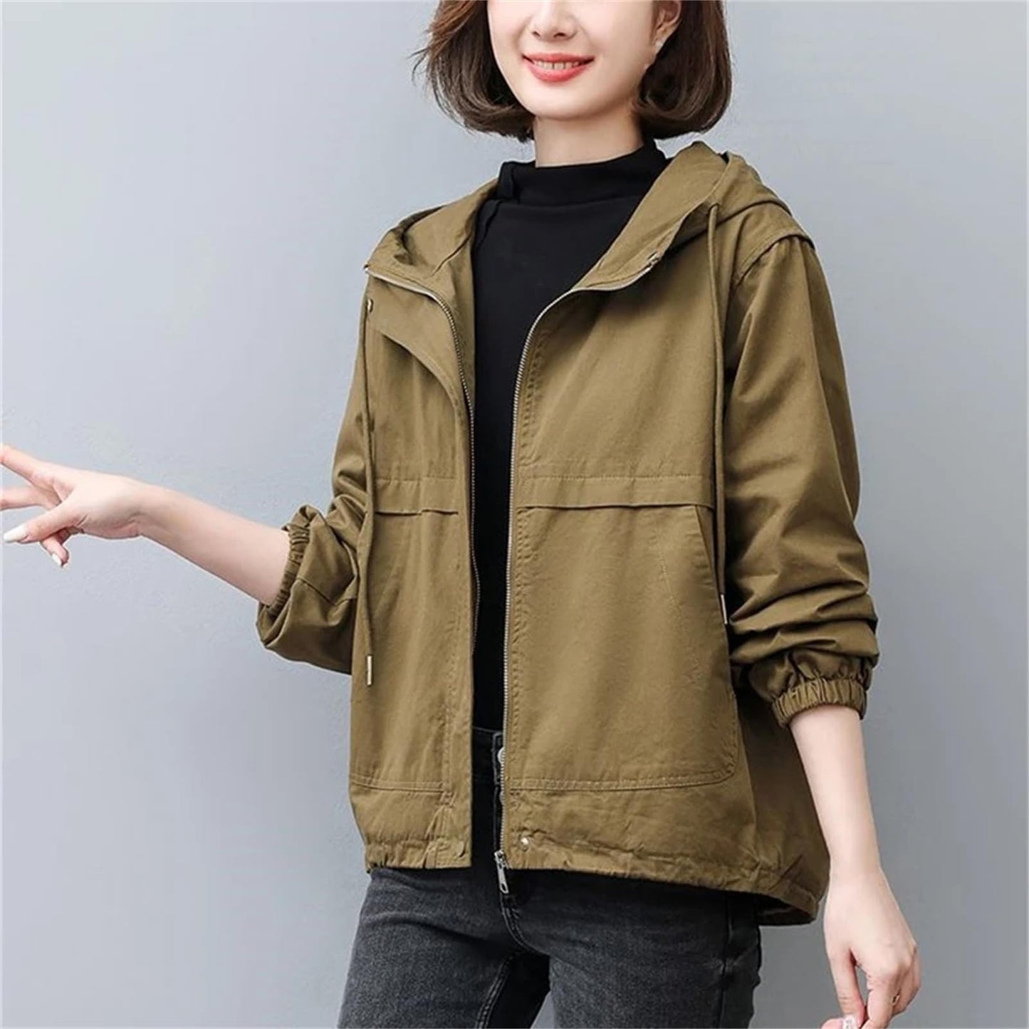 Women Trench Coat Single Long-Sleeved Short Hooded Windbreaker Outwear Coats