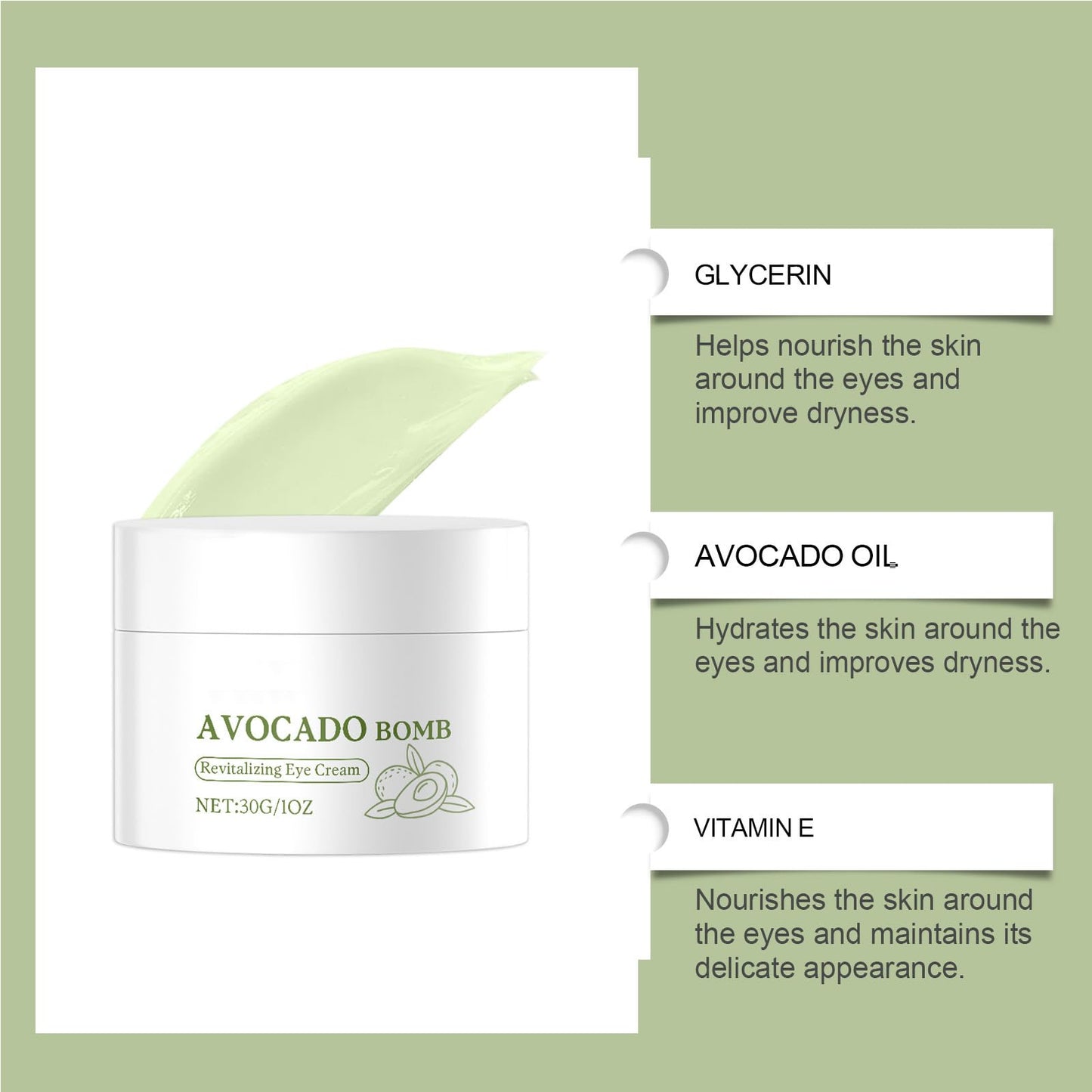 Grospe Avocado Eye Cream,Enhances Elasticity Around The Eyes, Hydrating Eye Cream With Avocado Oil,Vitamin E And Glycerin,Lifts and Firms,Reduces Fine Lines And Puffiness, Long-lasting Moisture - 30g