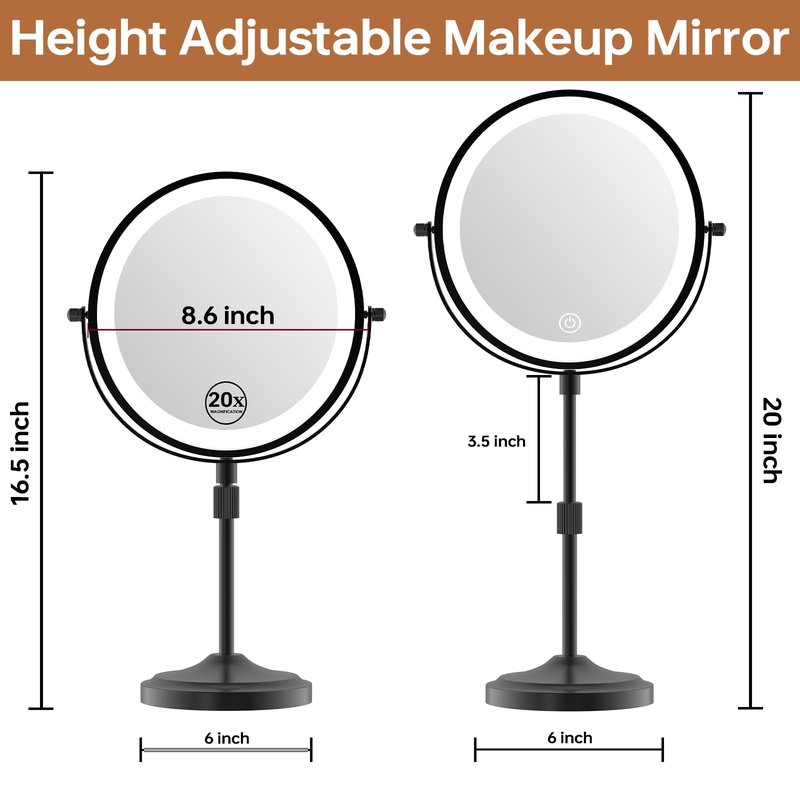 Erlingeryi 9" Magnifying Mirror with Lights 20X, Height Adjustable Lighted Makeup Mirror with Magnification, 5000mAh Rechargeable Battery, Dimmable, 3 Lighting Colors, Black