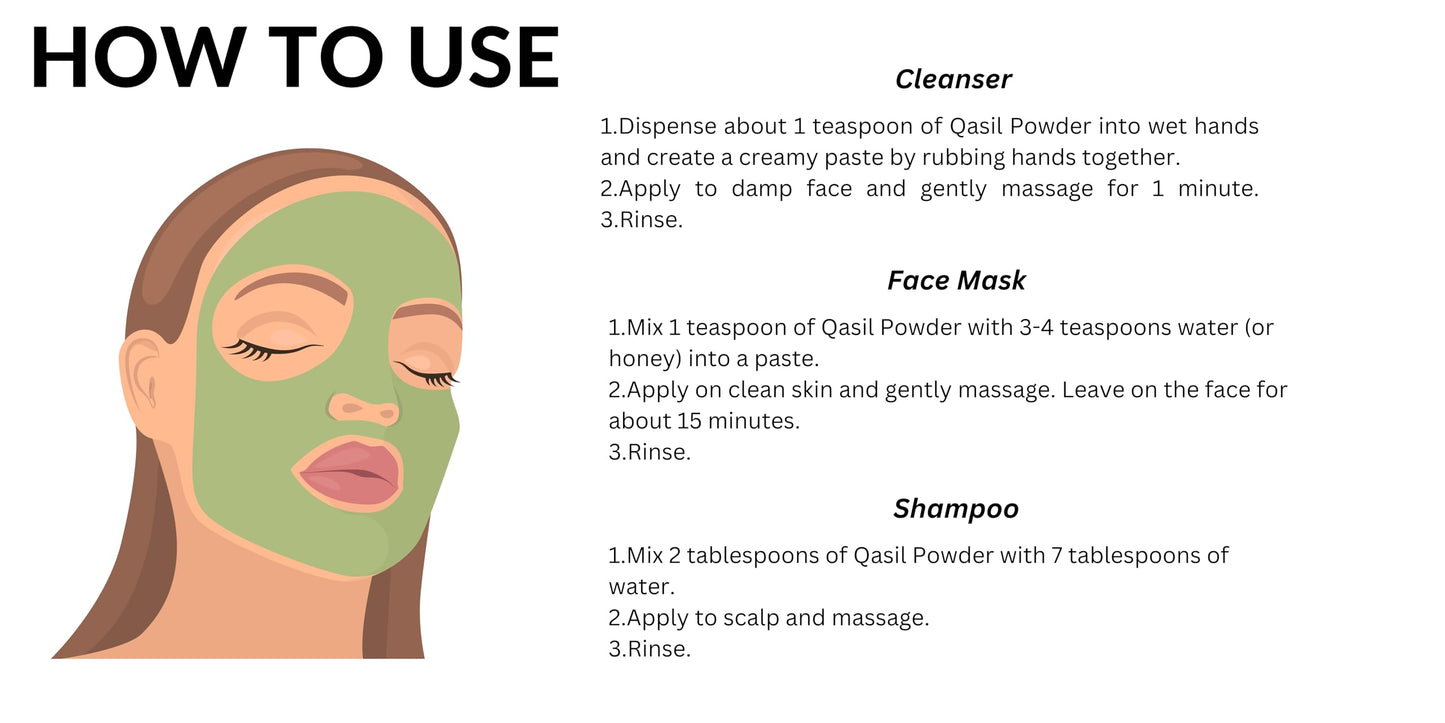 SAAFI AH ORGANICS Qasil Powder Natural Leaf Powder, exfoliates, detoxifies, Helps with clogged pores and Blemishes. soap,Used as a Shampoo. (Large 5 oz)