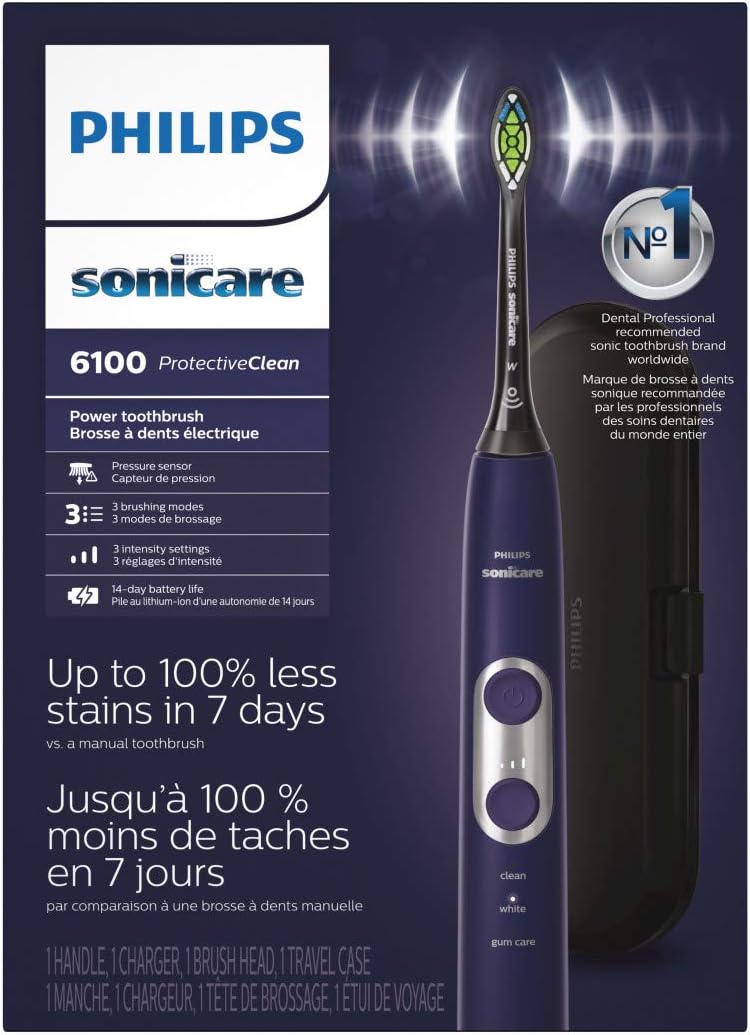 Philips Sonicare Electric Toothbrush - ProtectiveClean 6100 with Pressure Sensor & 3 Modes | Deep Purple, Model HX6471/03