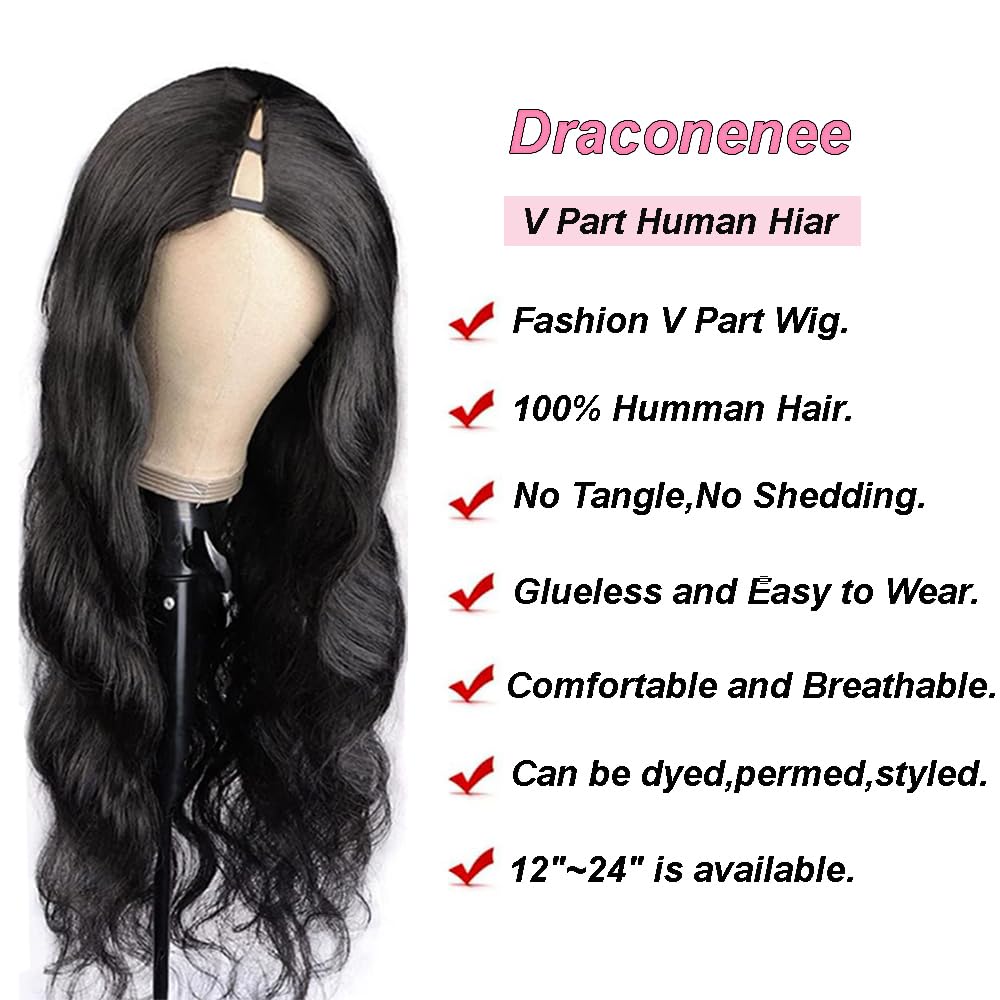 draconenee V Part Wig Human Hair 12 inch Upgrade U Part Wigs Body Wave for Black Women Beginner Friendly No Sew In and No Leave Out Glueless Brazilian Virgin Hair Wig Natural Black Color 180% Density