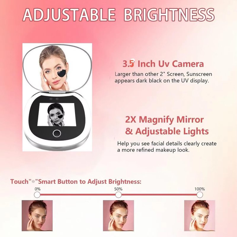 Portable LED Beauty Mirror - Smart UV Sunscreen Tester & 360° Adjustable Camera for Skin Protection | Ideal for Travel & Makeup