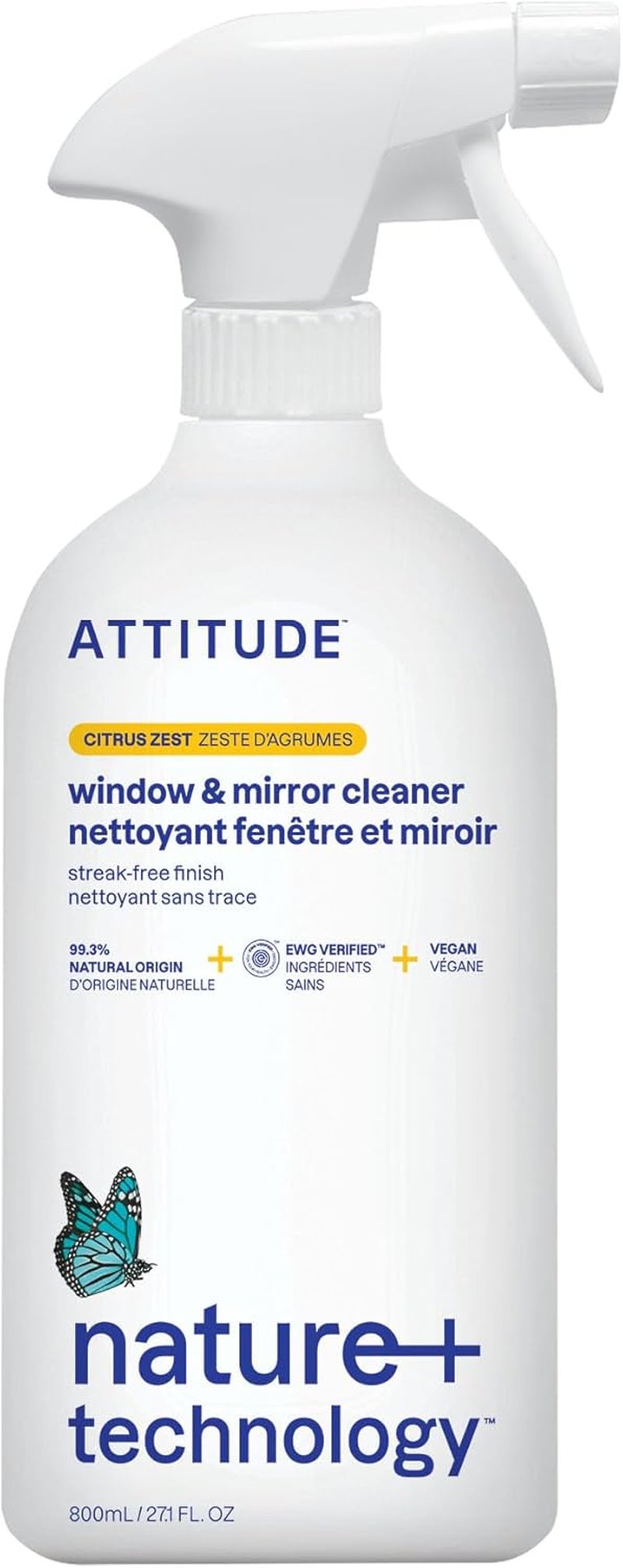 Window and Mirror Cleaner - EWG Verified, Plant-Based Ingredients, Vegan | Citrus Zest, 27.1 Fl Oz