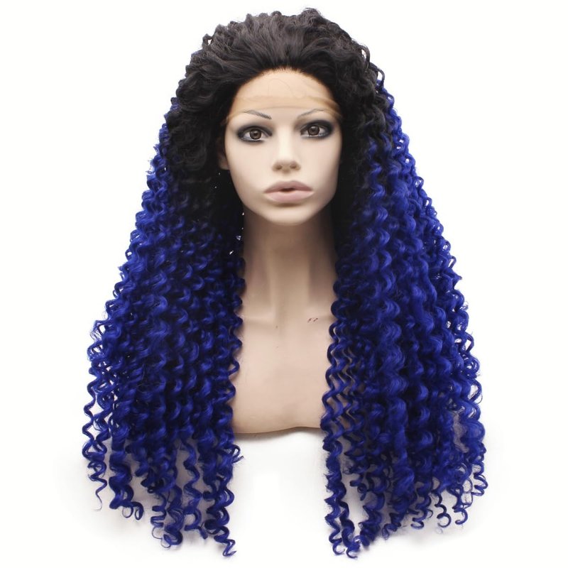 MX angel Long Curly Ombre Blue Wig Frontal Lace Wig Heat Resistant Synthetic Hair Lace Front Wig