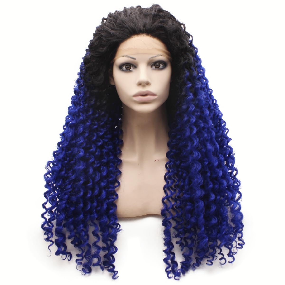 MX angel Long Curly Ombre Blue Wig Frontal Lace Wig Heat Resistant Synthetic Hair Lace Front Wig